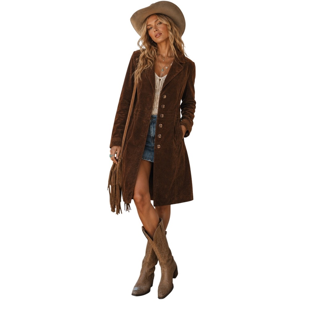 Vintage Wilsons Leather Brown Suede Coat L Button Front Jacket Boho Western Y2K